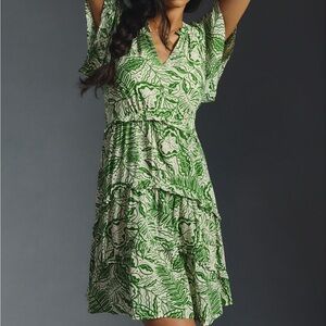 Anthropologie Robin Tiered Mini Dress - Green and White Print